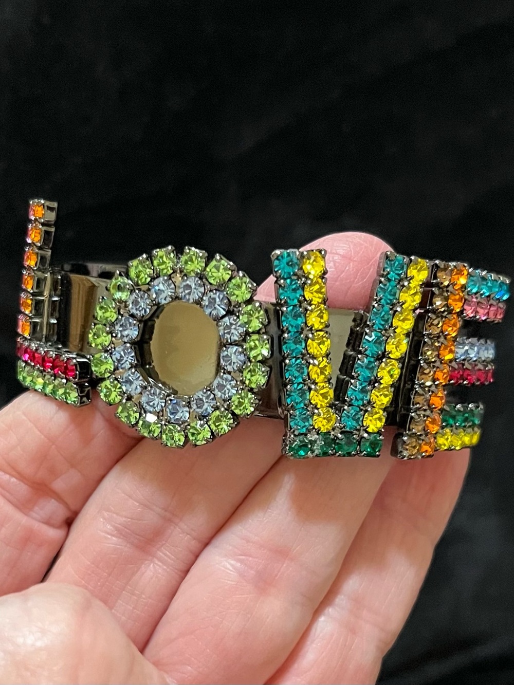 TOVA La La LOVE cuff bracelet Multicolor crystals. NWT. Gunmetal adjustable cuff - Picture 2 of 6
